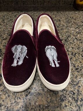Soludos Burgundy Velvet Slip-On Sneakers with Elephant Embroidery